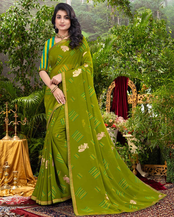 Vishal Prints Mehandi Green Printed Georgette Saree With Foil Print And Zari Border