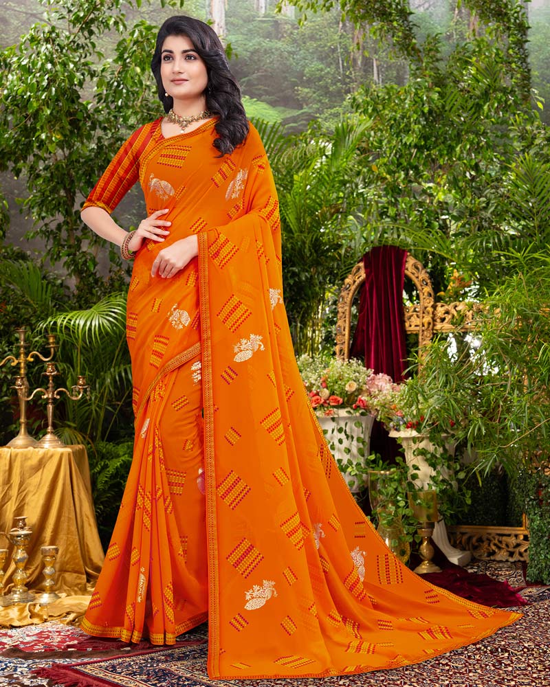 Vishal Prints Dark Orange Printed Georgette Saree With Foil Print And Zari Border
