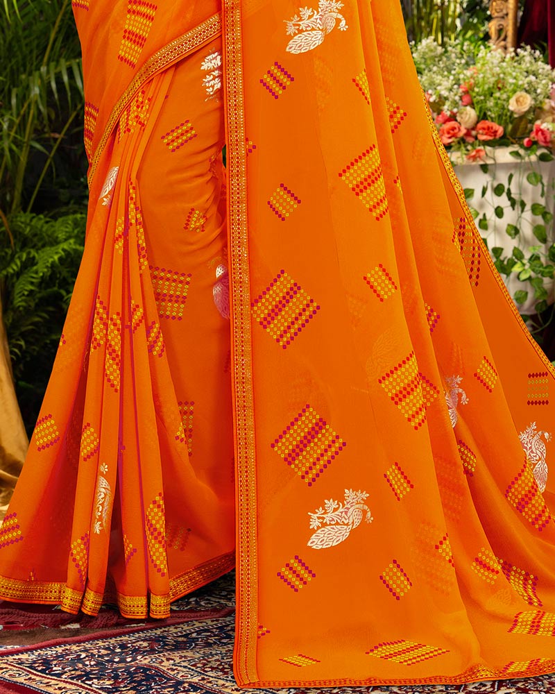 Vishal Prints Dark Orange Printed Georgette Saree With Foil Print And Zari Border
