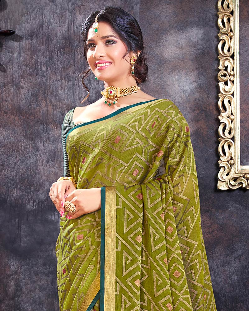 Vishal Prints Mehandi Green Brasso Saree With Tassel