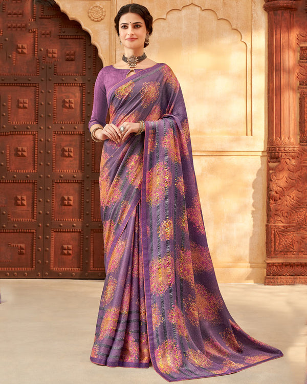 Vishal Prints Dark Violet Printed Patterned Brasso Saree With Fancy Border