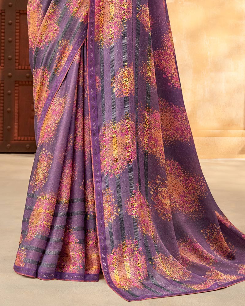 Vishal Prints Dark Violet Printed Patterned Brasso Saree With Fancy Border