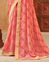 Vishal Prints Coral Pink Printed Patterned Brasso Saree With Fancy Border