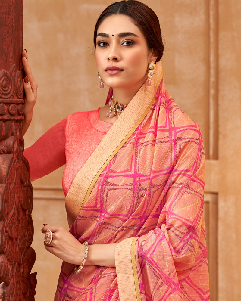 Vishal Prints Coral Pink Printed Patterned Brasso Saree With Fancy Border