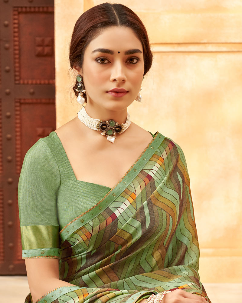 Vishal Prints Turquoise Green Printed Patterned Brasso Saree With Fancy Border