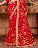Vishal Prints Cherry Red Brasso Saree With Stone Work And Zari Border