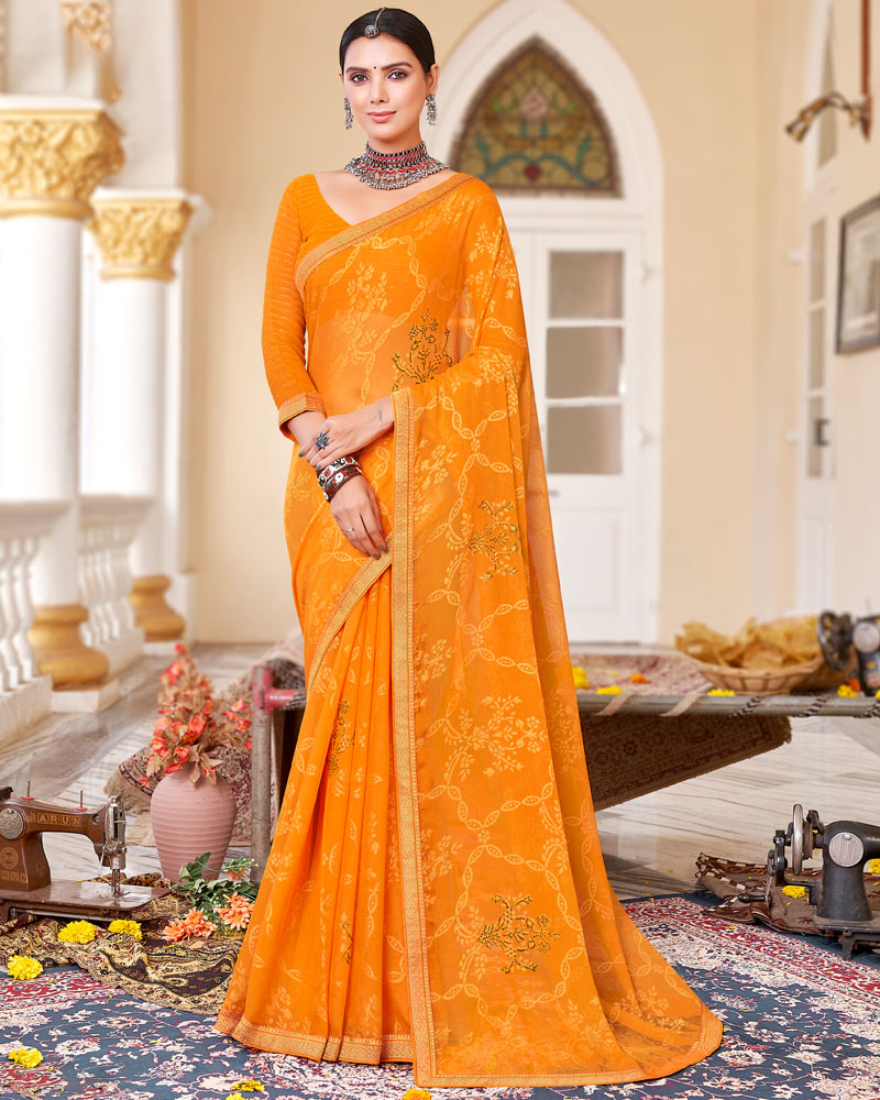 Vishal Prints Orange Brasso Saree With Diamond Work And Zari Border