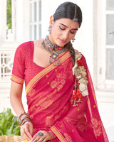 Vishal Prints Red Pink Brasso Saree With Diamond Work And Zari Border