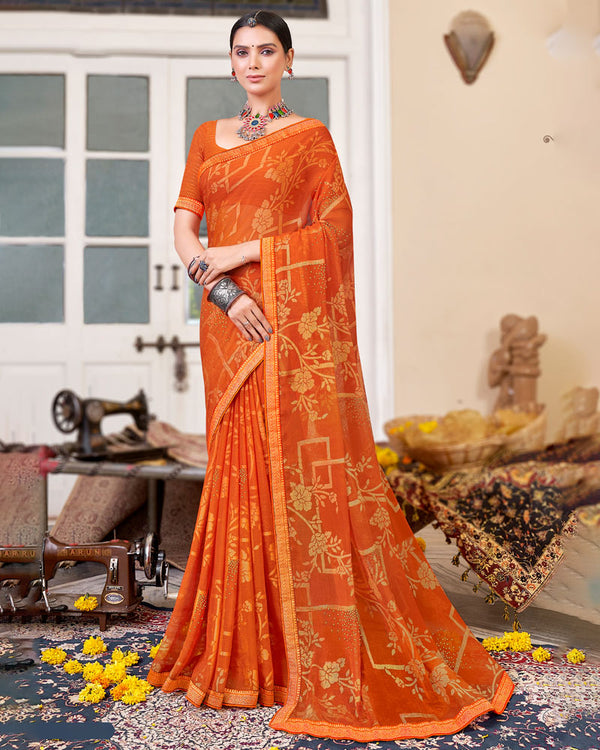 Vishal Prints Dark Orange Brasso Saree With Diamond Work And Zari Border