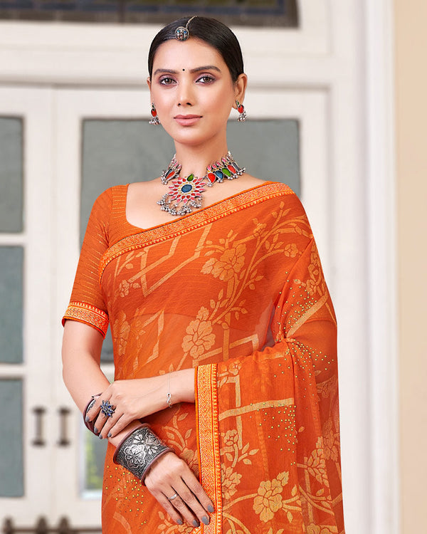 Vishal Prints Dark Orange Brasso Saree With Diamond Work And Zari Border
