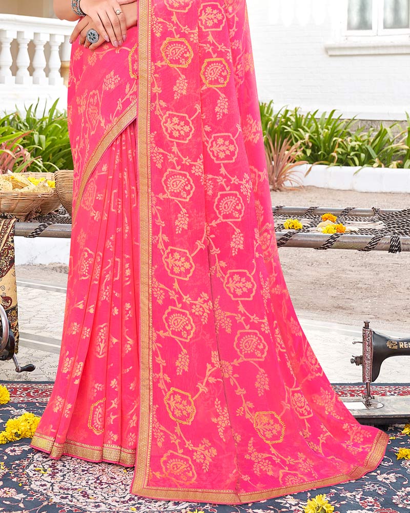 Vishal Prints Pink Brasso Saree With Diamond Work And Zari Border