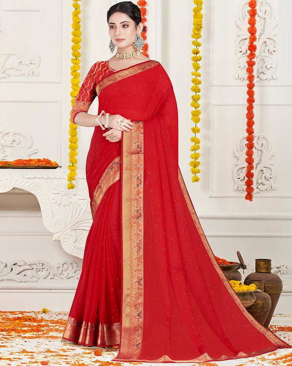 Vishal Prints Red Chiffon Saree With Diamond Work And Fancy Zari Border
