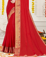 Vishal Prints Red Chiffon Saree With Diamond Work And Fancy Zari Border