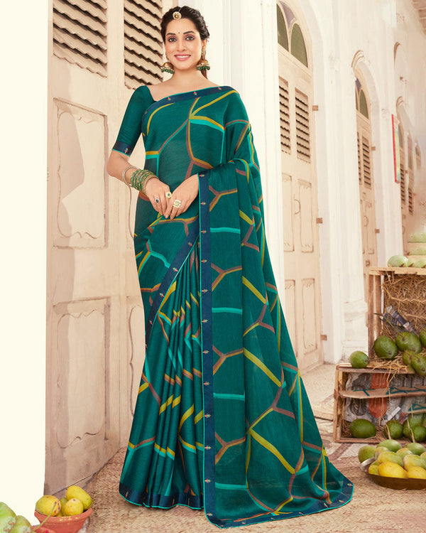 Vishal Prints Rama Green Printed Brasso Saree With Fancy Border
