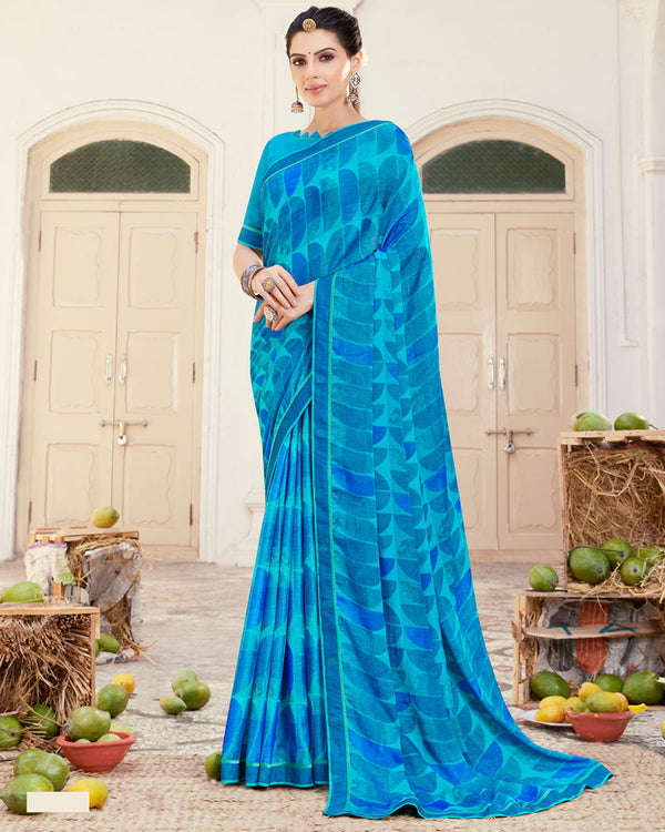 Vishal Prints Dark Turquoise Blue Printed Brasso Saree With Fancy Border
