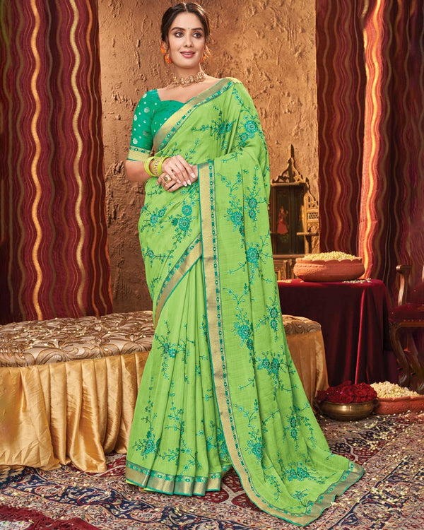 Vishal Prints Parrot Green Chiffon Saree With Embroidery Work