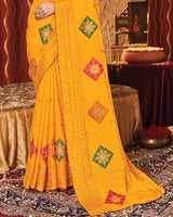Vishal Prints Golden Yellow Chiffon Saree With Embroidery Work