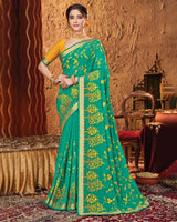 Vishal Prints Aqua Green Chiffon Saree With Embroidery Work