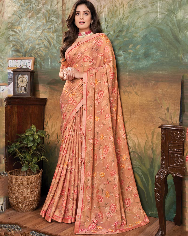Vishal Prints Dark Peach Printed Cotton Silk Saree With Fancy Border