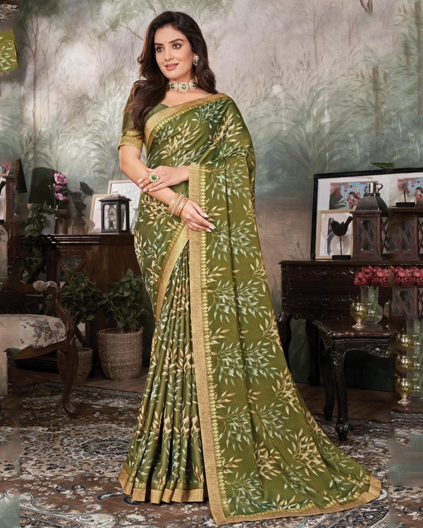 Vishal Prints Mehandi Green Printed Cotton Silk Saree With Fancy Border