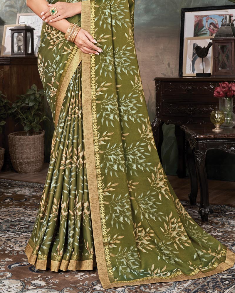 Vishal Prints Mehandi Green Printed Cotton Silk Saree With Fancy Border