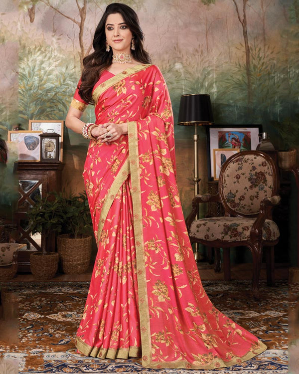 Vishal Prints Red Pink Printed Cotton Silk Saree With Fancy Border
