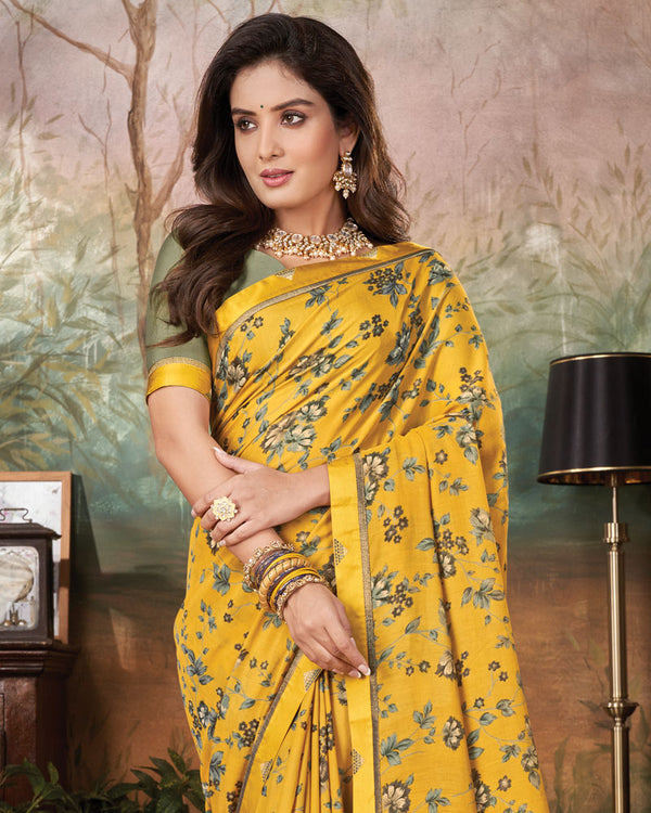 Vishal Prints Golden Yellow Printed Cotton Silk Saree With Fancy Border