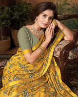 Vishal Prints Golden Yellow Printed Cotton Silk Saree With Fancy Border