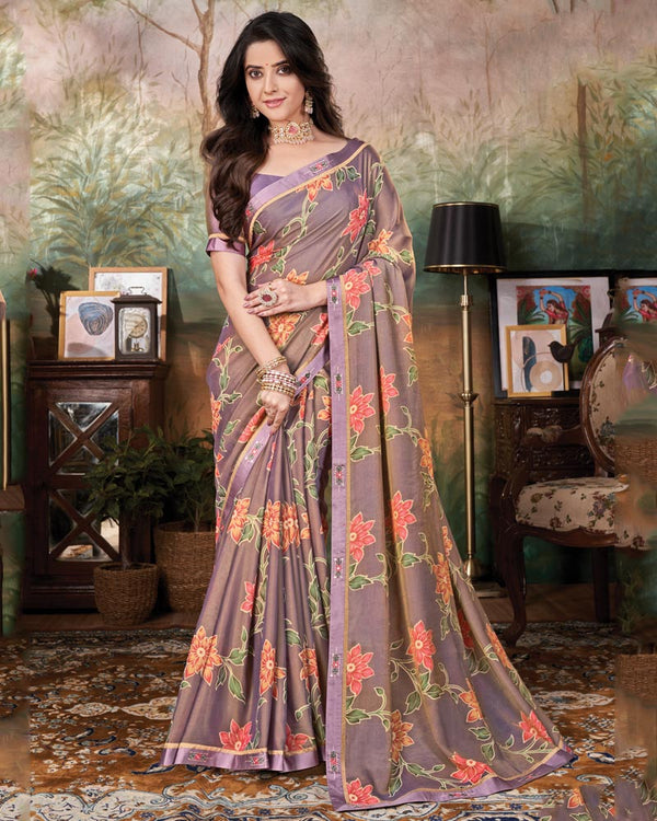 Vishal Prints Mauve Printed Cotton Silk Saree With Fancy Border