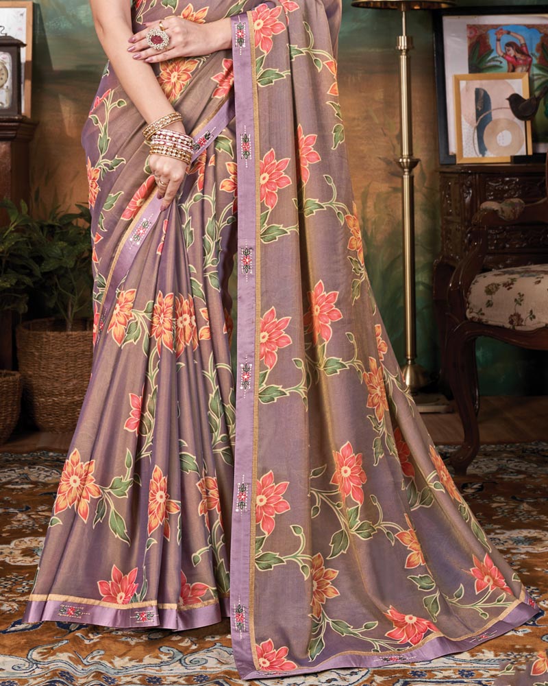 Vishal Prints Mauve Printed Cotton Silk Saree With Fancy Border