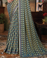 Vishal Prints Bluish Grey Printed Cotton Silk Saree With Fancy Border