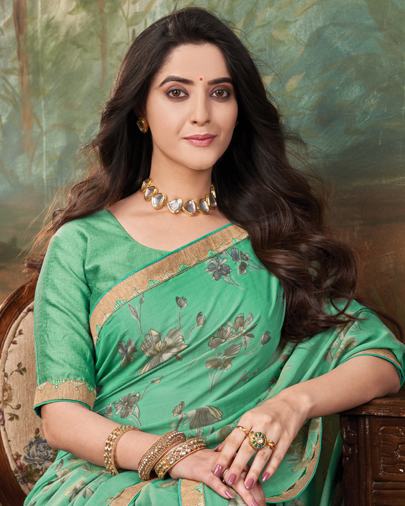 Vishal Prints Dark Mint Green Printed Cotton Silk Saree With Fancy Border