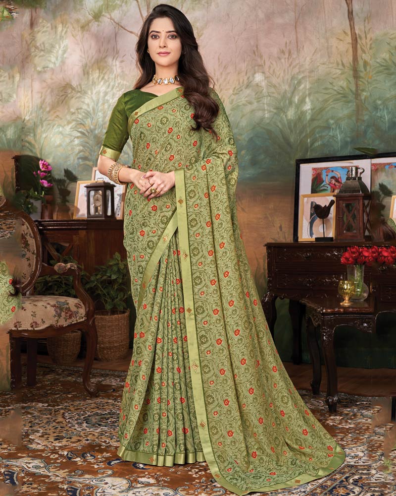 Vishal Prints Sage Green Printed Cotton Silk Saree With Fancy Border