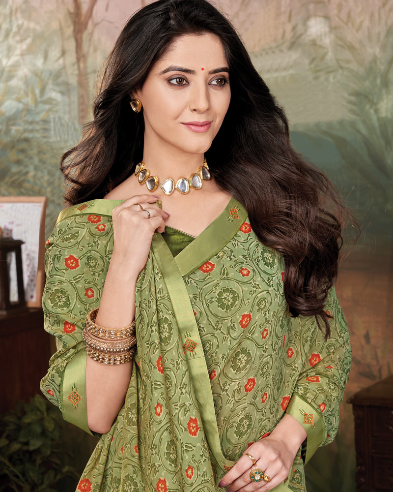 Vishal Prints Sage Green Printed Cotton Silk Saree With Fancy Border
