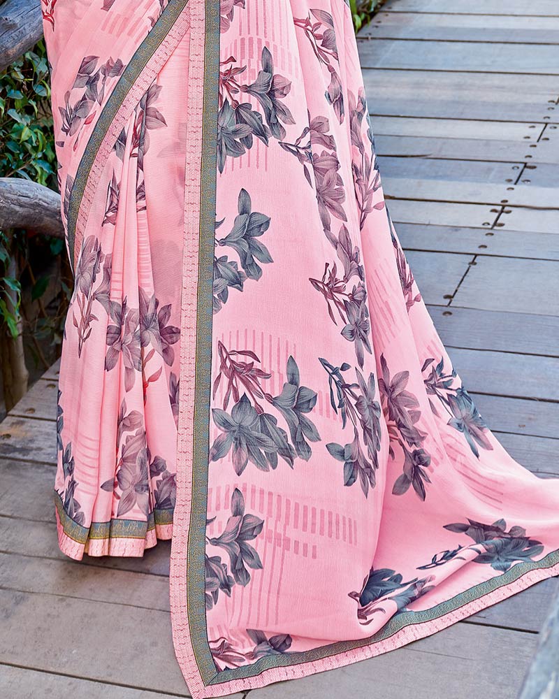 Vishal Prints Baby Pink Printed Brasso Saree With Fancy Border