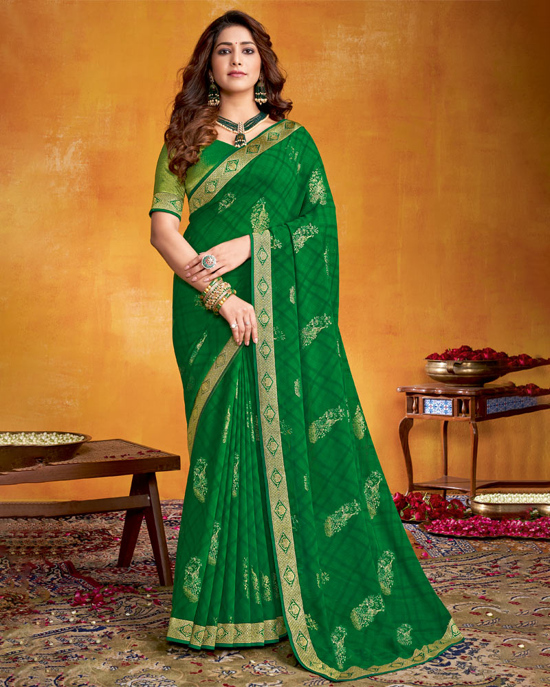 Vishal Prints Dark Green Georgette Saree With Foil Print And Zari Border