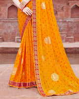 Vishal Prints Yellowish Orange Printed Chiffon Saree With Foil Print And Border