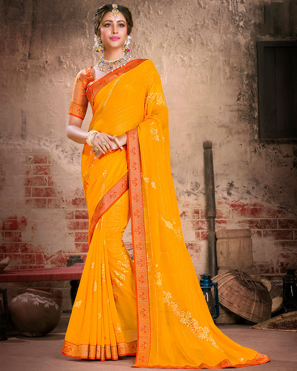 Vishal Prints Yellowish Orange Fancy Brasso Saree With Foil Print And Zari Border
