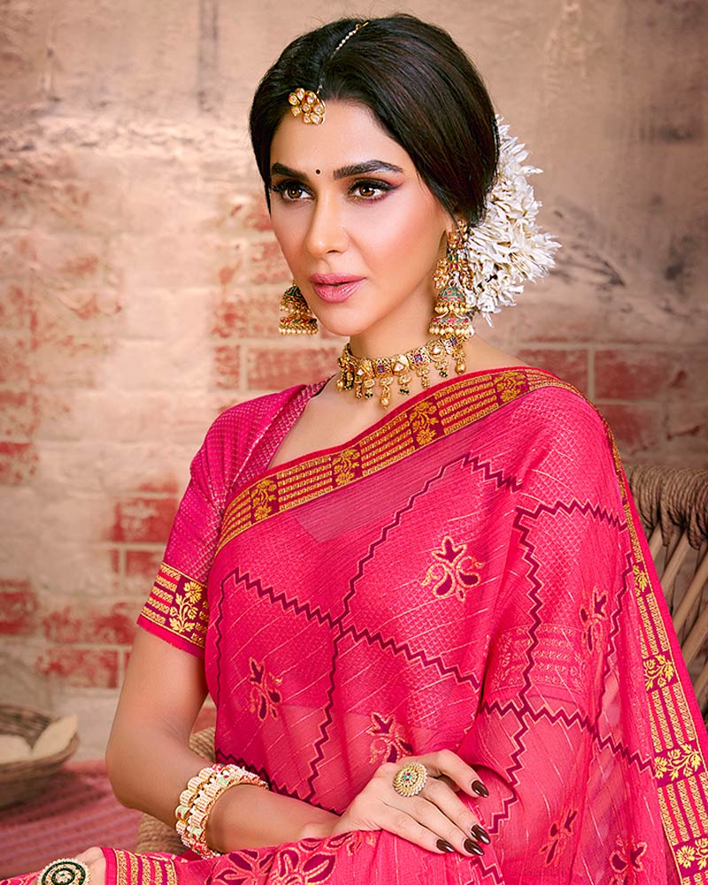 Vishal Prints Red Pink Fancy Brasso Saree With Foil Print And Zari Border