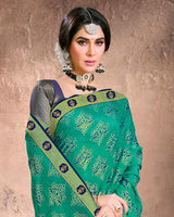 Vishal Prints Dark Mint Green Fancy Brasso Saree With Foil Print And Zari Border