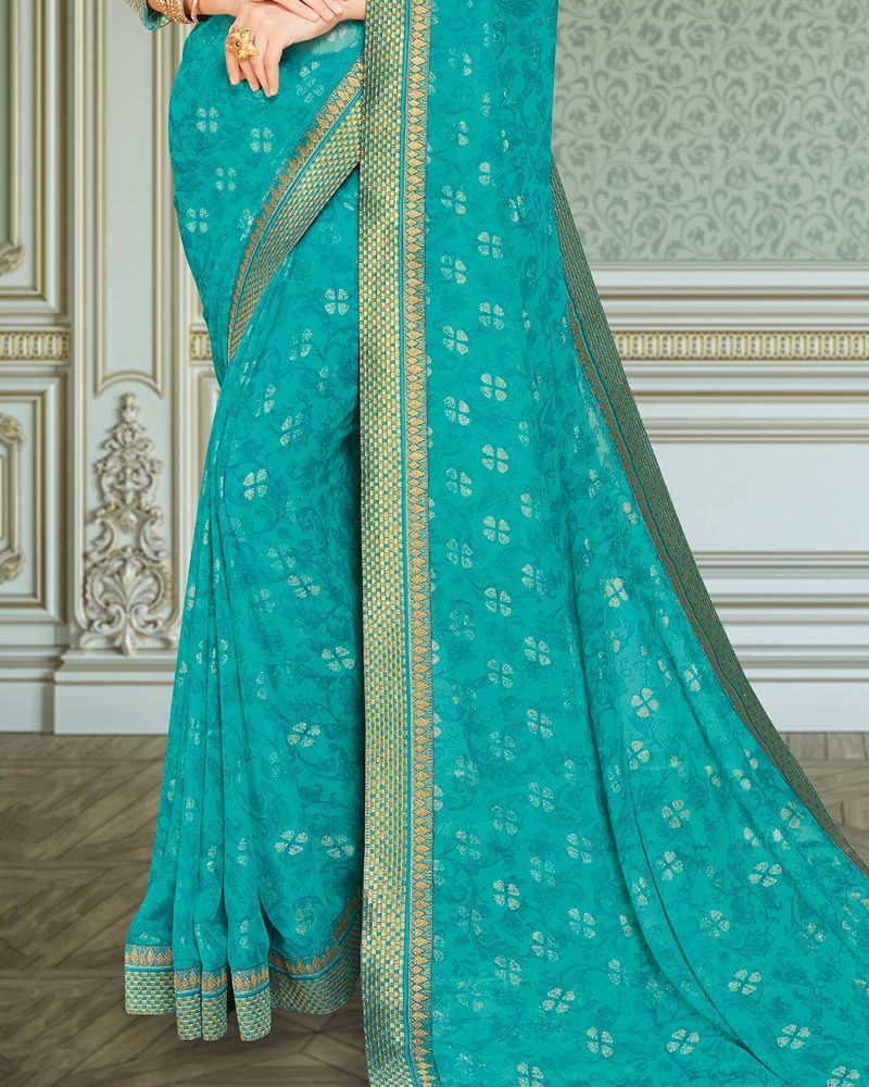 Vishal Prints Dark Turquoise Blue Georgette Saree With Foil Print And Zari Border
