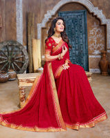 Vishal Prints Cherry Red Georgette Saree With Fancy Border