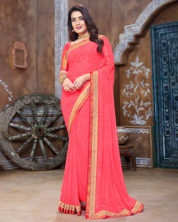 Vishal Prints Red Pink Georgette Saree With Fancy Border