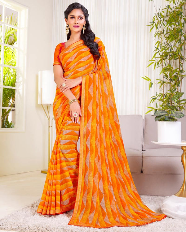 Vishal Prints Yellowish Orange Printed Georgette Saree With Zari Border