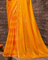 Vishal Prints Yellowish Orange Printed Chiffon Saree With Foil Print And Zari Border