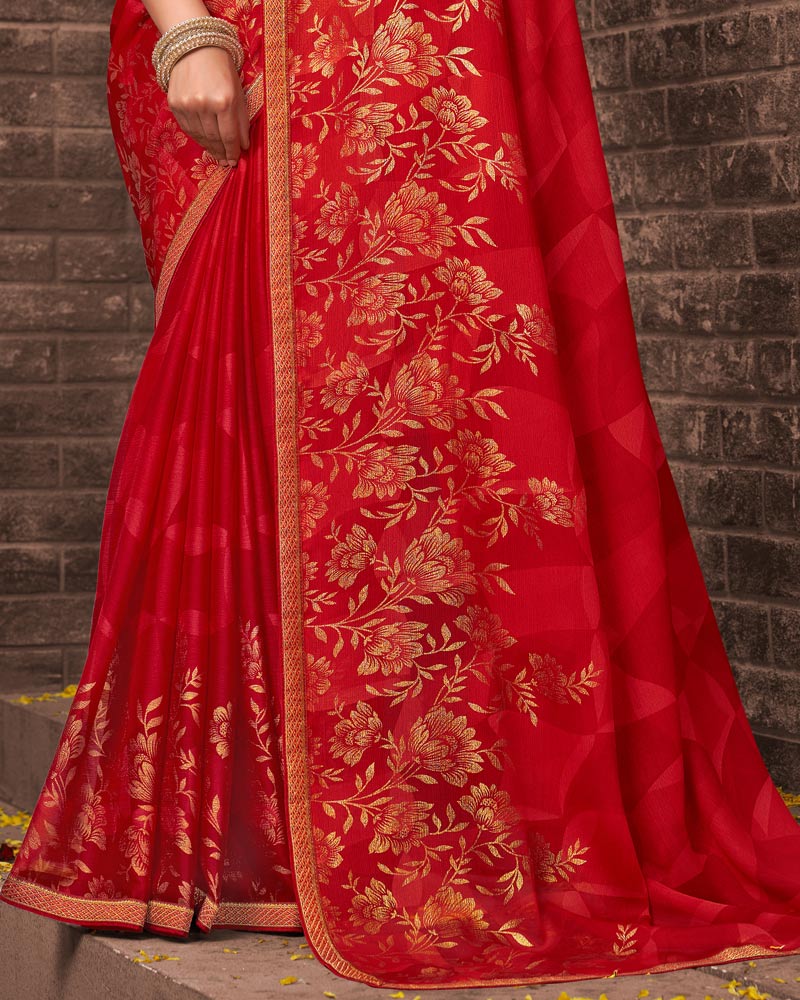 Vishal Prints Cherry Red Printed Chiffon Saree With Foil Print And Zari Border