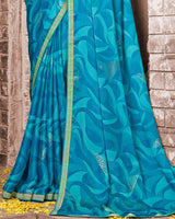 Vishal Prints Dark Turquoise Blue Printed Chiffon Saree With Foil Print And Zari Border