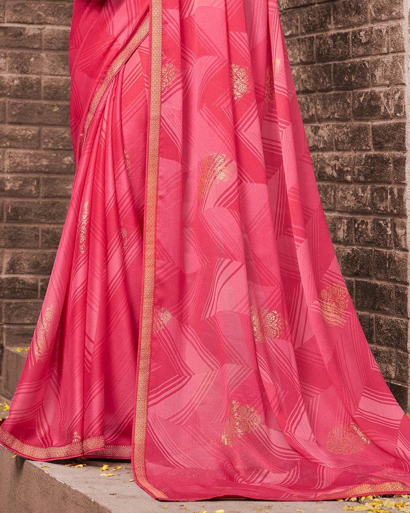 Vishal Prints Red Pink Printed Chiffon Saree With Foil Print And Zari Border
