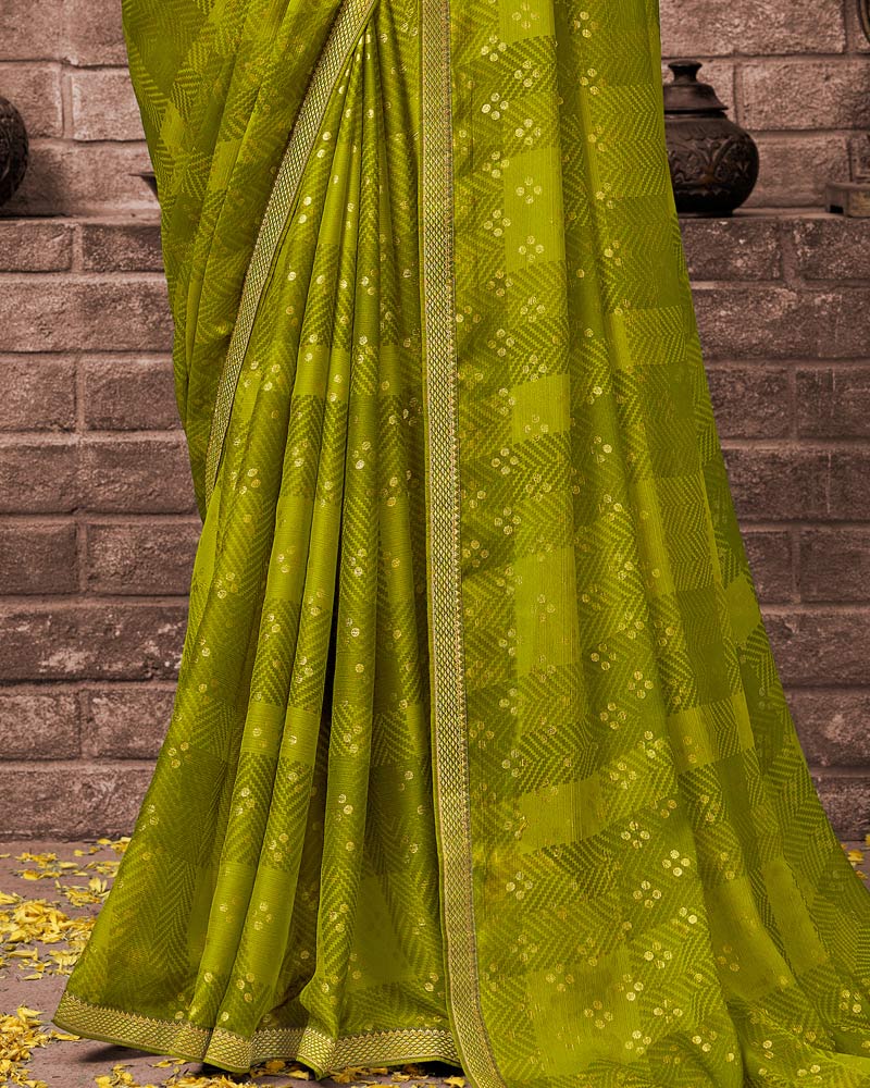 Vishal Prints Olive Green Printed Chiffon Saree With Foil Print And Zari Border