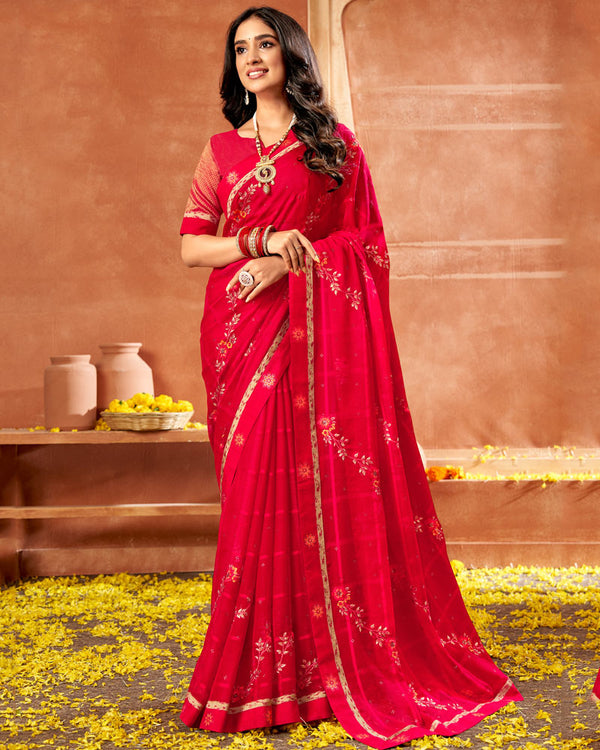 Vishal Prints Cherry Red Designer Georgette Saree With Embroidery And Diamond Work